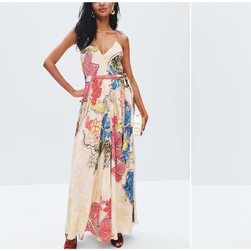 Saaksha & Kinni Cream Floral Slip Maxi Dress SMALL A-Line Sundress Vacation $250